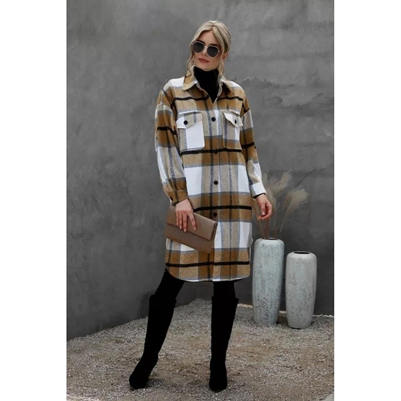 LAST ONE! Plus Size Brown Khaki Turn Down Collar Plaid Jacket - Picture 2 of 6